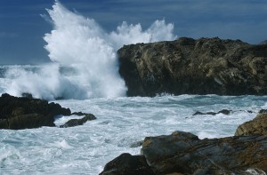 USA, California, Point Lobos, waves splashing on rocks at Pacific coast